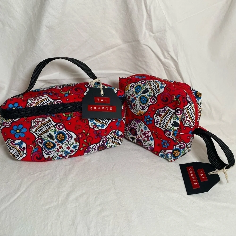 Handmade Accessories Bag Set Red & White Skull pattern with zipper openings. New